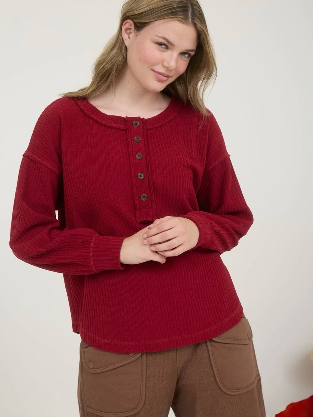 Women's Ribbed Henley Top in Burgundy